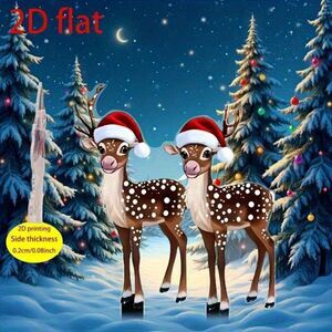 2D Festive Christmas Baby Deer in Santa Hats Garden Outdoor Stake